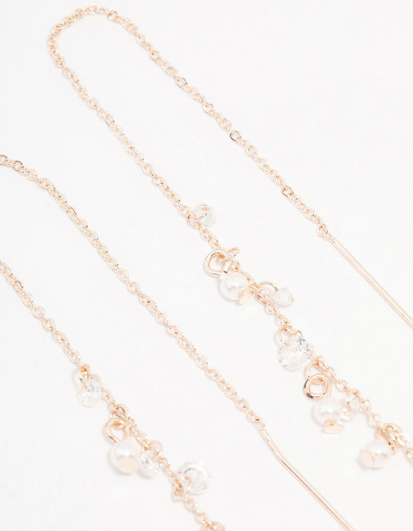 Rose Gold Plated Mini Pearl & Crystal Threader Drop Earrings