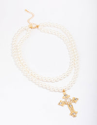 Gold Pearl Cross Multi Row Layered Necklace - link has visual effect only