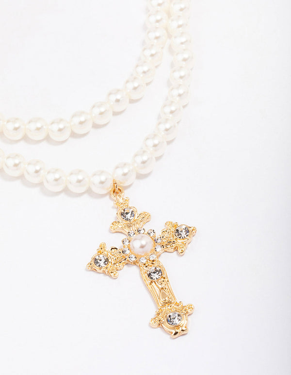 Gold Pearl Cross Multi Row Layered Necklace