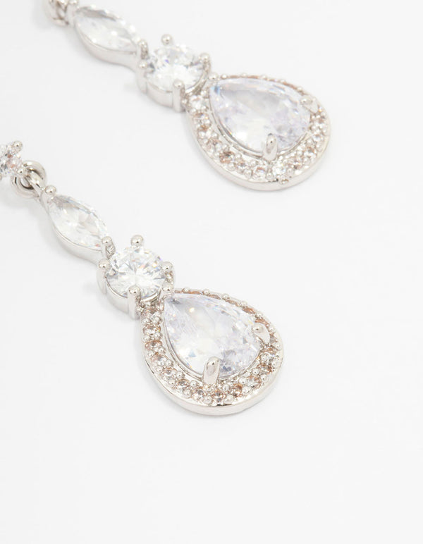Silver Cubic Zirconia Pear Halo Drop Earrings