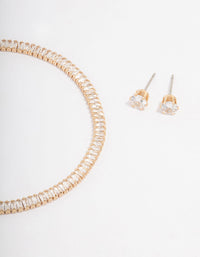 Gold Cubic Zirconia Baguette Tennis Bracelet & Earring Set - link has visual effect only