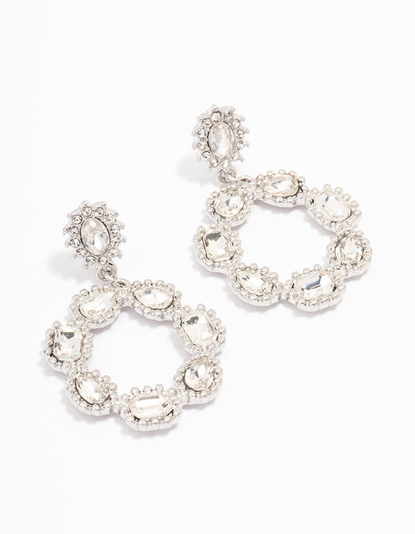 Rhodium Multi Diamante Circle Drop Earrings