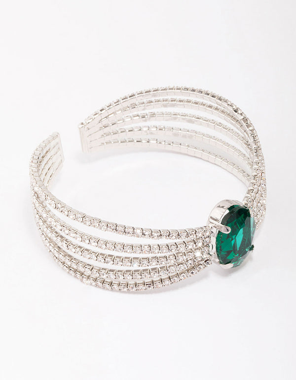 Rhodium Diamante Emerald Open Wrist Cuff
