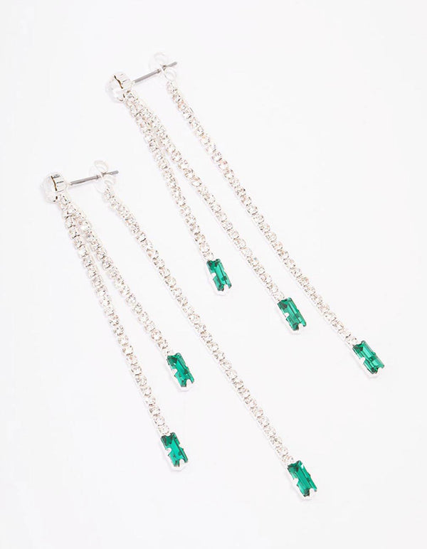 Silver Triple Row Emerald Cupchain Drop Earrings