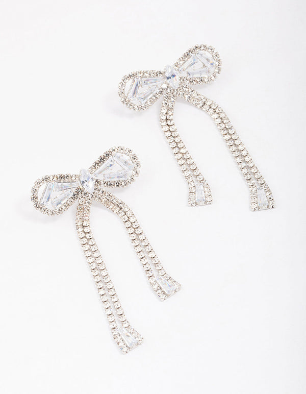 Rhodium Large Diamante Bow Drop Earrings