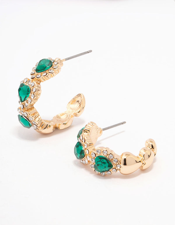 Gold Emerald Heart Hoop Earrings