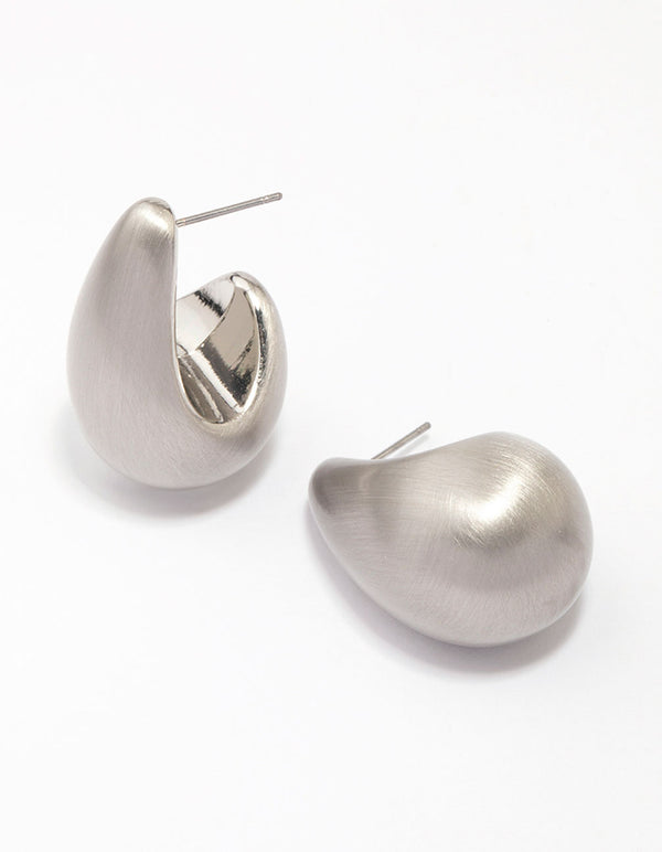 Silver Midi Matte Pear Hoop Earrings