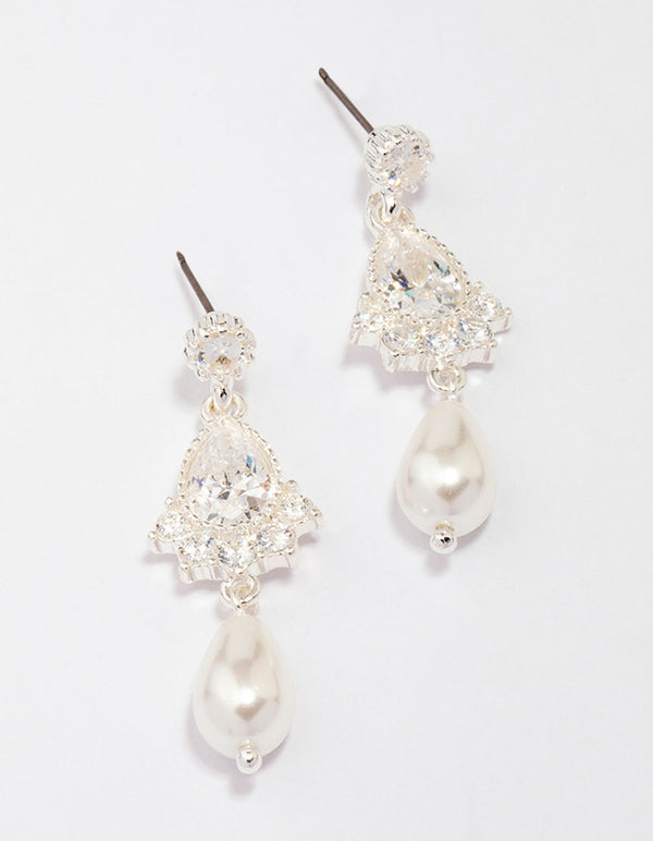 Silver Cubic Zirconia Antique Pearl Drop Earrings