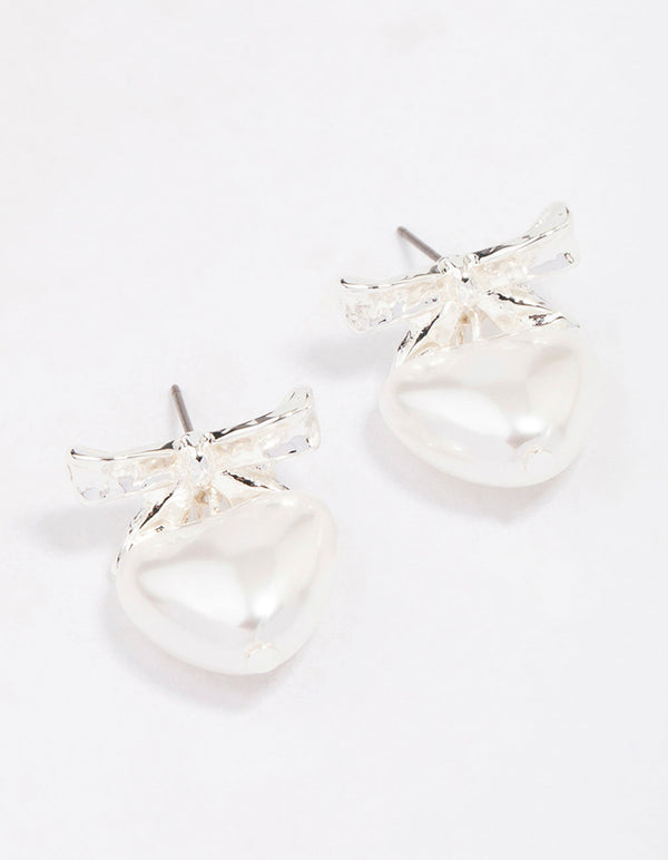 Silver Bow Pearl Heart Stud Earrings