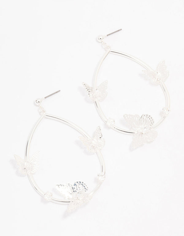 Silver Butterfly Oval Drop Earrings
