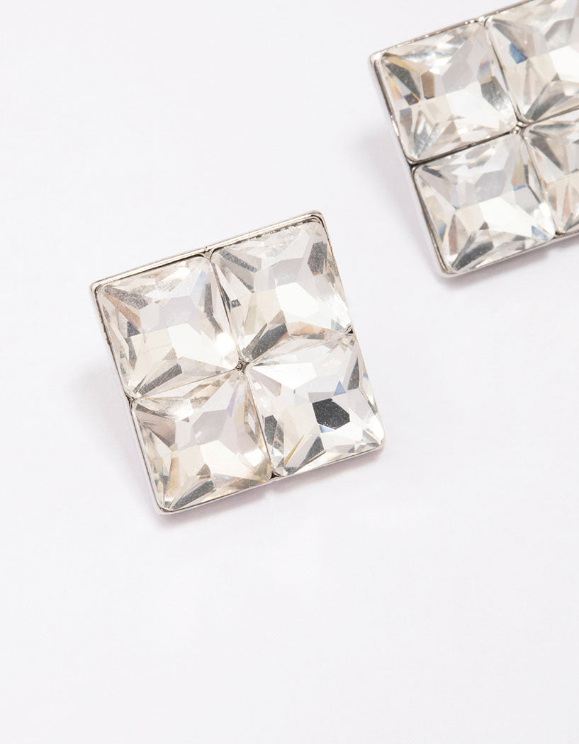 Silver Square Diamante Stud Earrings