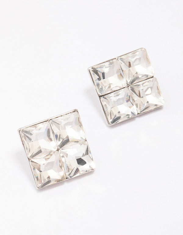 Rhodium Square Diamante Stud Earrings
