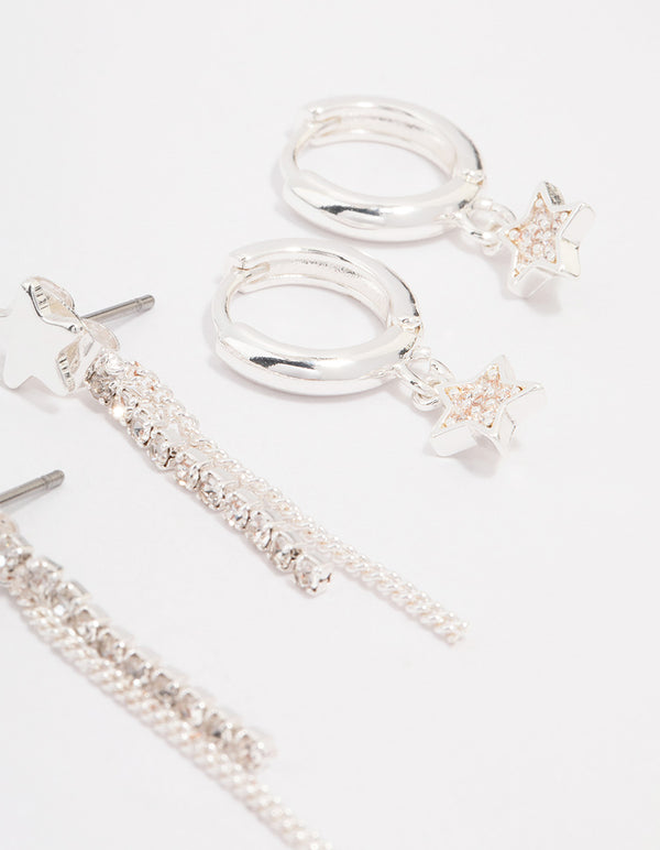 Silver Plated Brass  Star Chain Earring 3-Pack