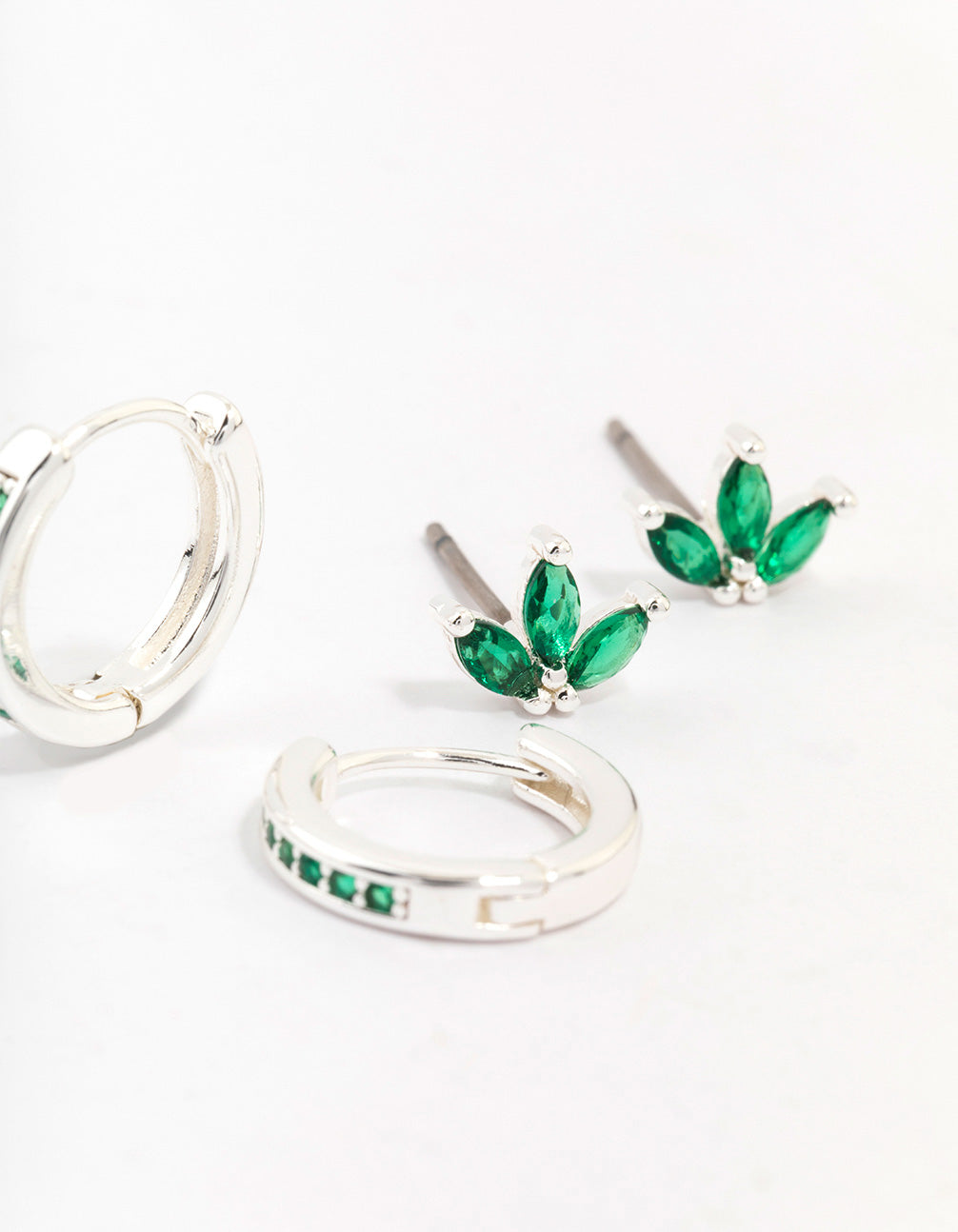 Silver Plated Brass  Cubic Zirconia Marquise Stud & Huggie Hoop Earring Pack