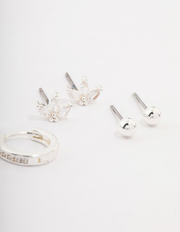 Silver Plated Brass  Cubic Zirconia Marquise Earring 3-Pack