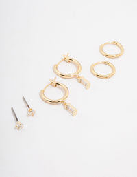 Gold Plated Brass Cubic Zirconia Baguette Hoop Earring 3-Pack - link has visual effect only