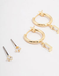 Gold Plated Brass Cubic Zirconia Baguette Hoop Earring 3-Pack - link has visual effect only