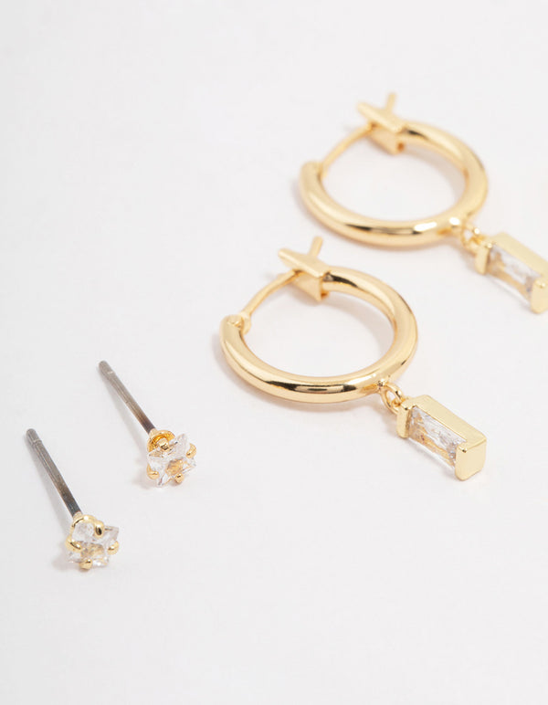 Gold Plated Brass Cubic Zirconia Baguette Hoop Earring 3-Pack