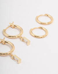 Gold Plated Brass Cubic Zirconia Baguette Hoop Earring 3-Pack - link has visual effect only