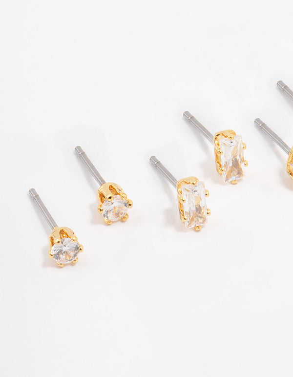 Gold Plated Brass Cubic Zirconia Stud Earring 4-Pack
