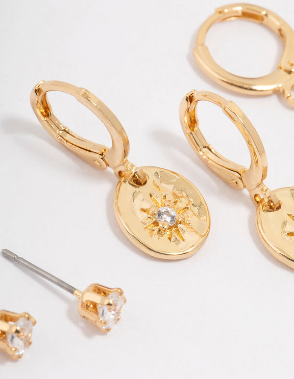 Gold Plated Brass Molten Star Drop Earring 3-Pack