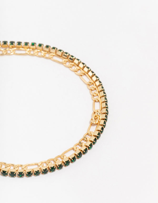 Gold Plated Brass Double Chain & Crystal Bracelet