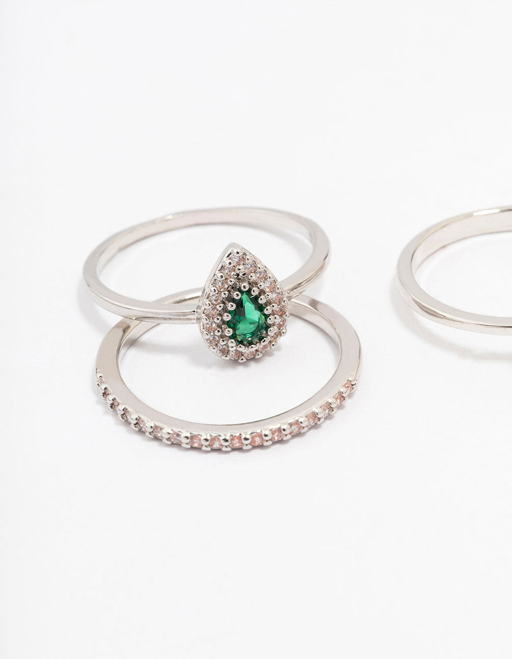 Silver Cubic Zirconia Halo Pear Stacking Ring Set