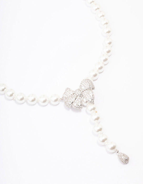 Rhodium Cubic Zirconia Pearl Y-Shape Necklace