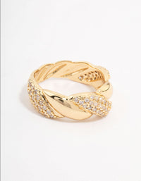 Beautifully crafted gold plated cubic zirconia braided ring front view - link has visual effect only