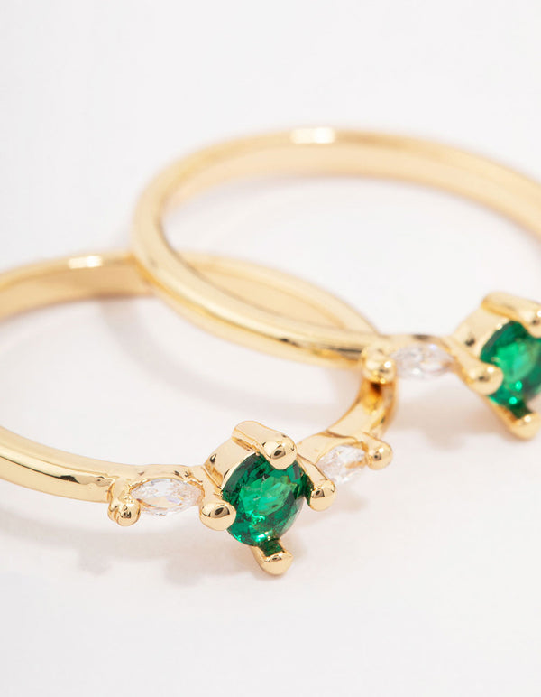 Elegant gold plated dainty trio ring pack featuring emerald cut cubic zirconia close up view