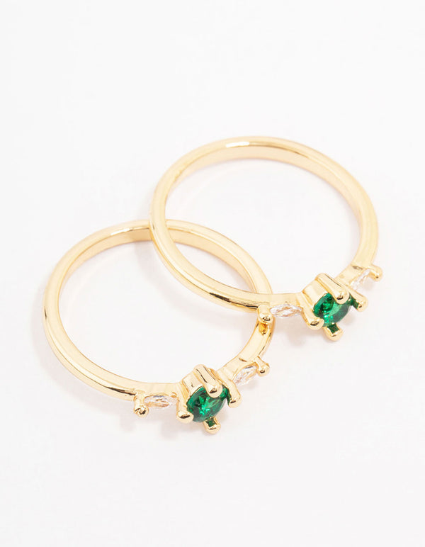 Beautifully crafted gold plated dainty trio ring pack with emerald cut cubic zirconia side detail view