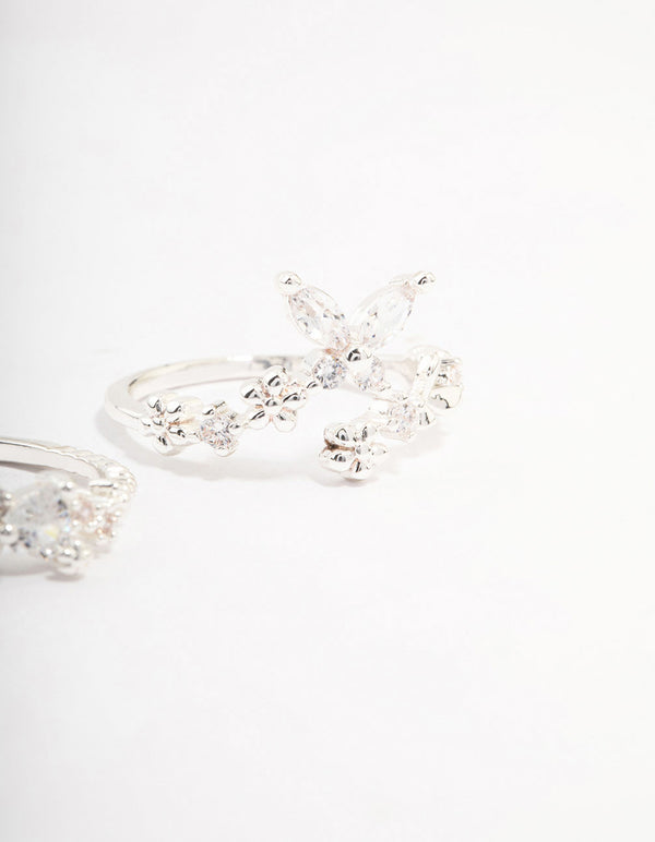 Silver Plated Floral Stone Stacking Rings