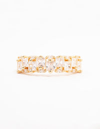 Elegant gold plated staggered cubic zirconia band ring featuring dainty craftsmanship in front view - link has visual effect only