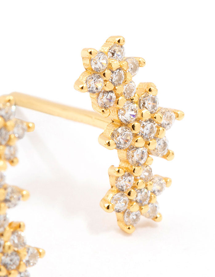 Gold Plated Sterling Silver Cubic Zirconia Flower Trio Stud Earrings