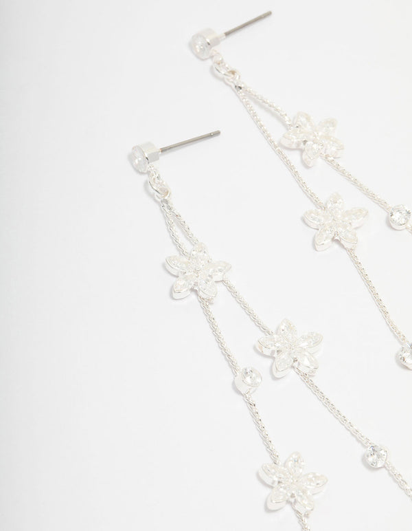 Silver Cubic Zirconia Flower Waterfall Drop Earrings