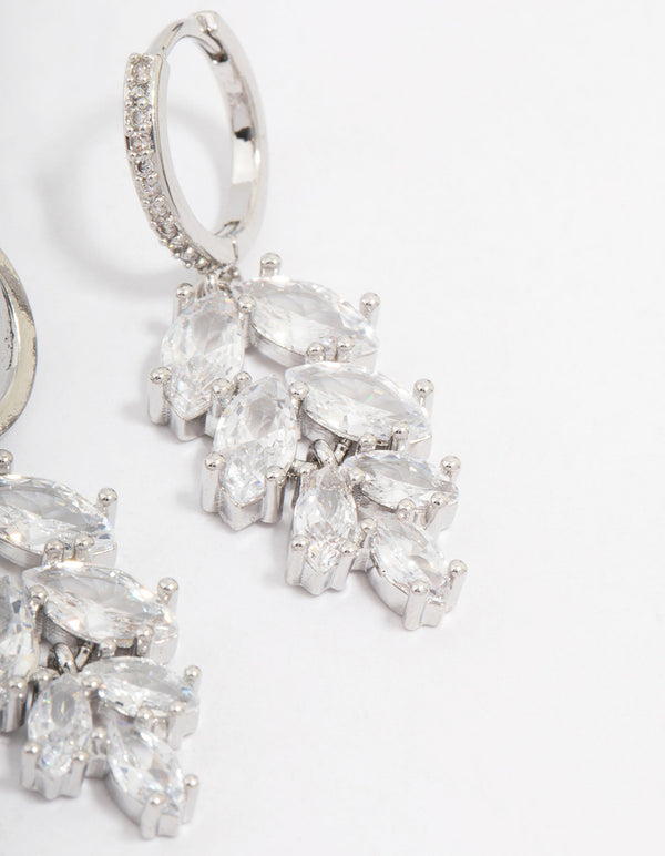 Silver Cubic Zirconia Leaf Huggie Drop Earrings