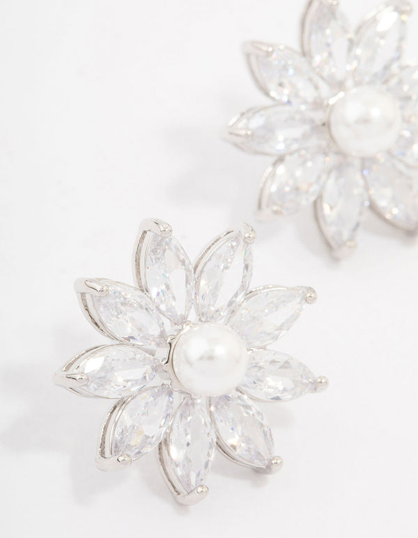 Silver Cubic Zirconia Flower & Pearl Stud Earrings