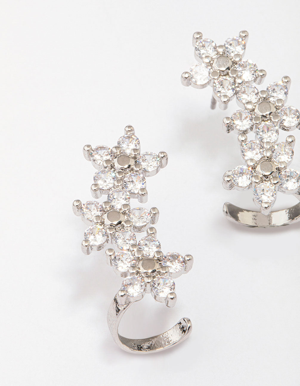 Silver Cubic Zirconia Triple Flower Drop Earrings