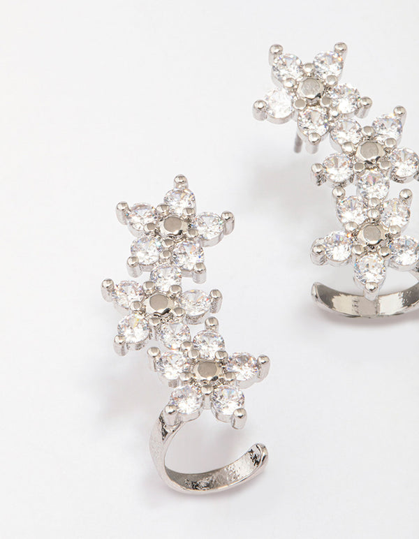 Silver Cubic Zirconia Triple Flower Drop Earrings