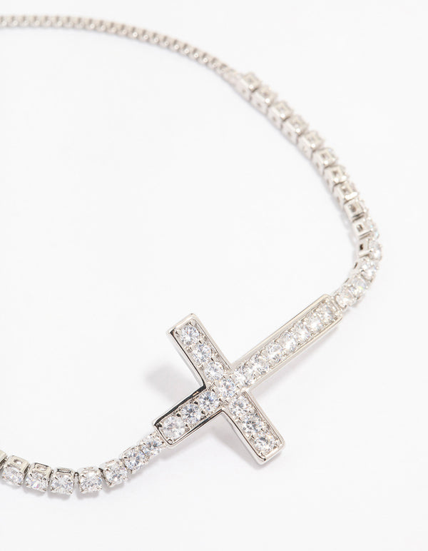 Silver Cubic Zirconia Round Cross Toggle Bracelet