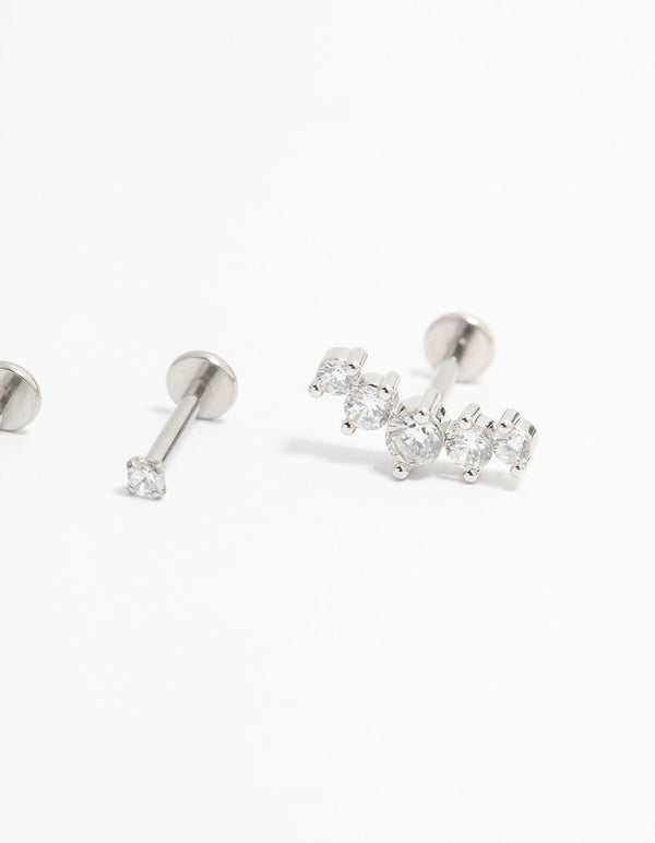 Showcasing surgical steel crawler flat back earrings with round cut stones in a 3-pack post detail view