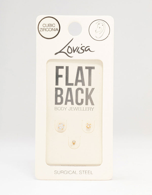 Gold Plated Surgical Steel Cubic Zirconia Flat Back 3-Pack