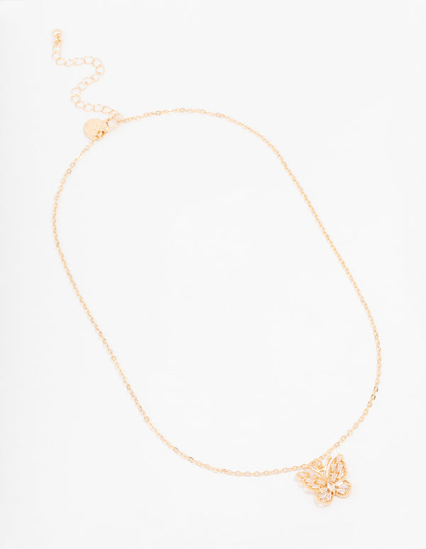 Gold Butterfly Rectangular Diamante Necklace