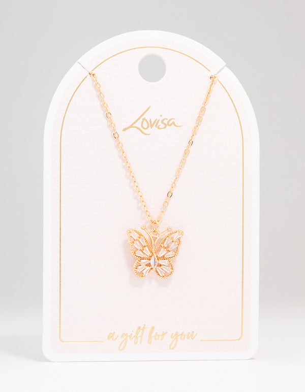 Gold Butterfly Rectangular Diamante Necklace