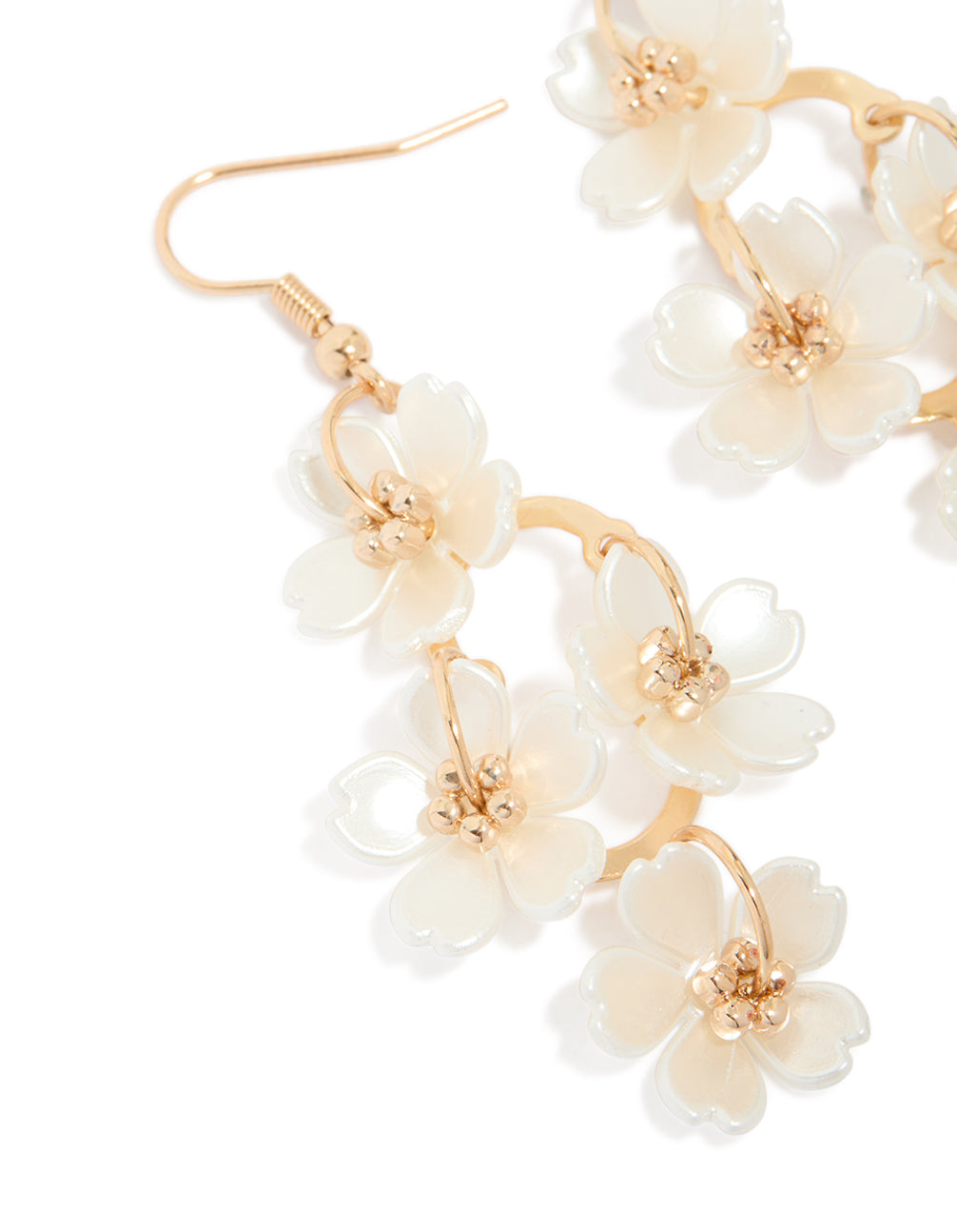 Gold Pearl Flower Vine Drop Earrings