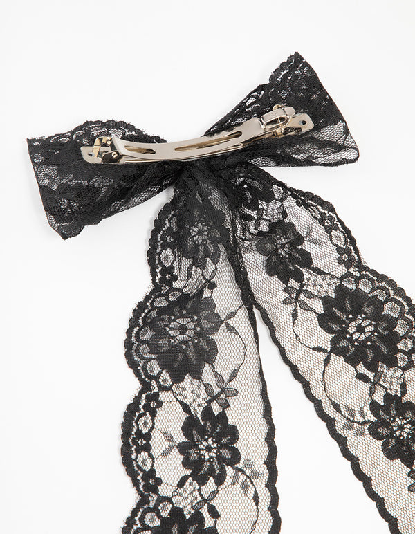 Black Lace Fabric Medium Bow Clip