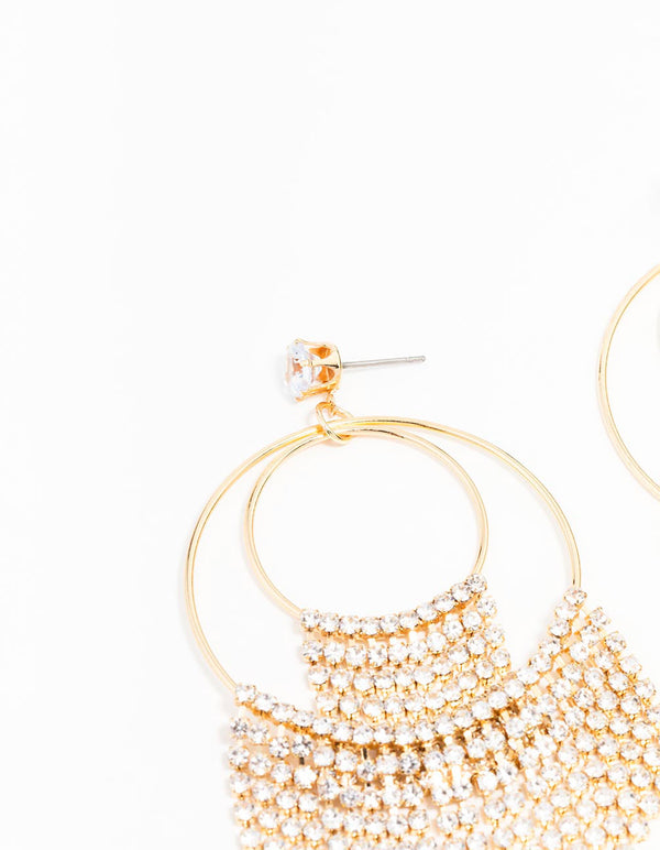 Gold Plated Diamante Fringe Rings Drop Earrings
