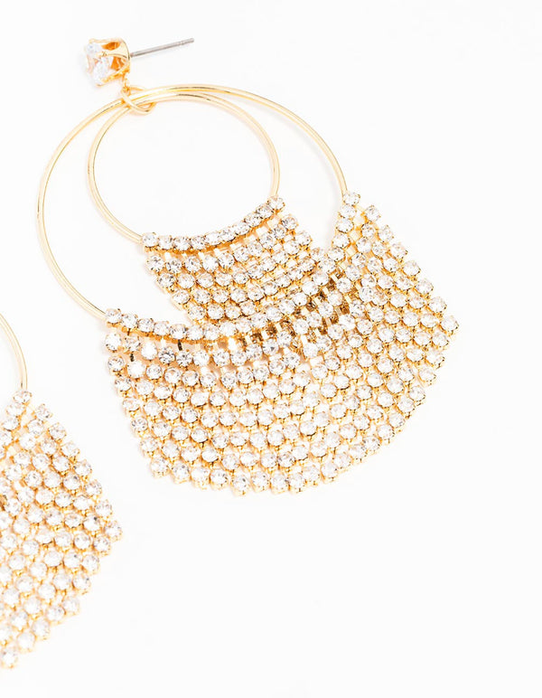 Gold Plated Diamante Fringe Rings Drop Earrings