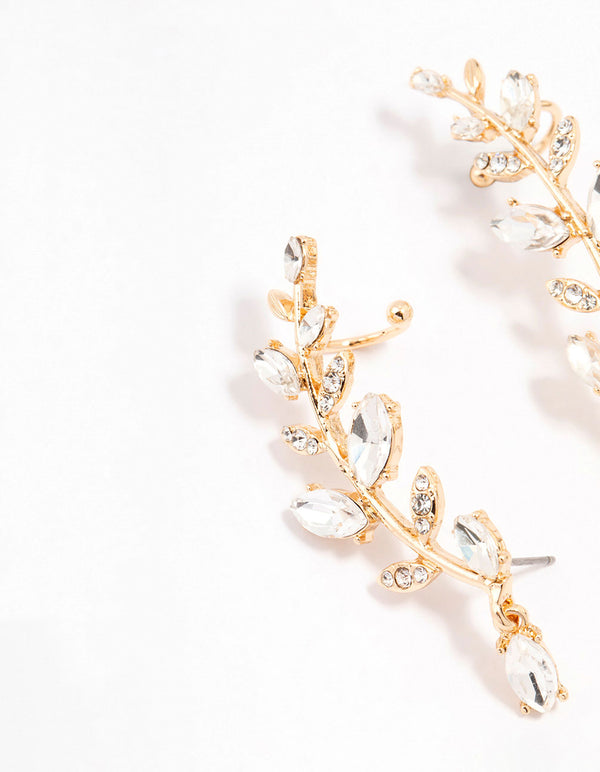Gold Plated Climber Diamante Floral Cuff Earrings