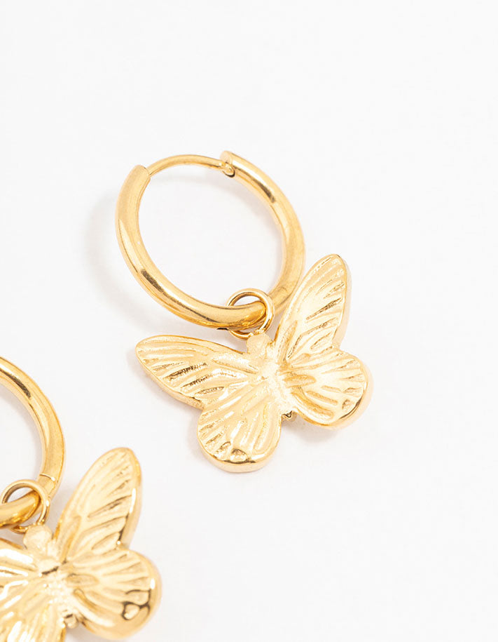 Waterproof Gold Plated Stainless Steel Butterfly Charm Hoop Earrings